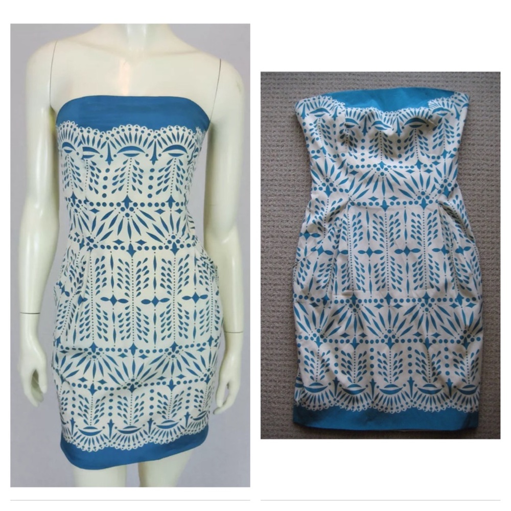 Mara Hoffman Silk Lace Print Strapless Mini Cream Small Ivory Blue Vintage S